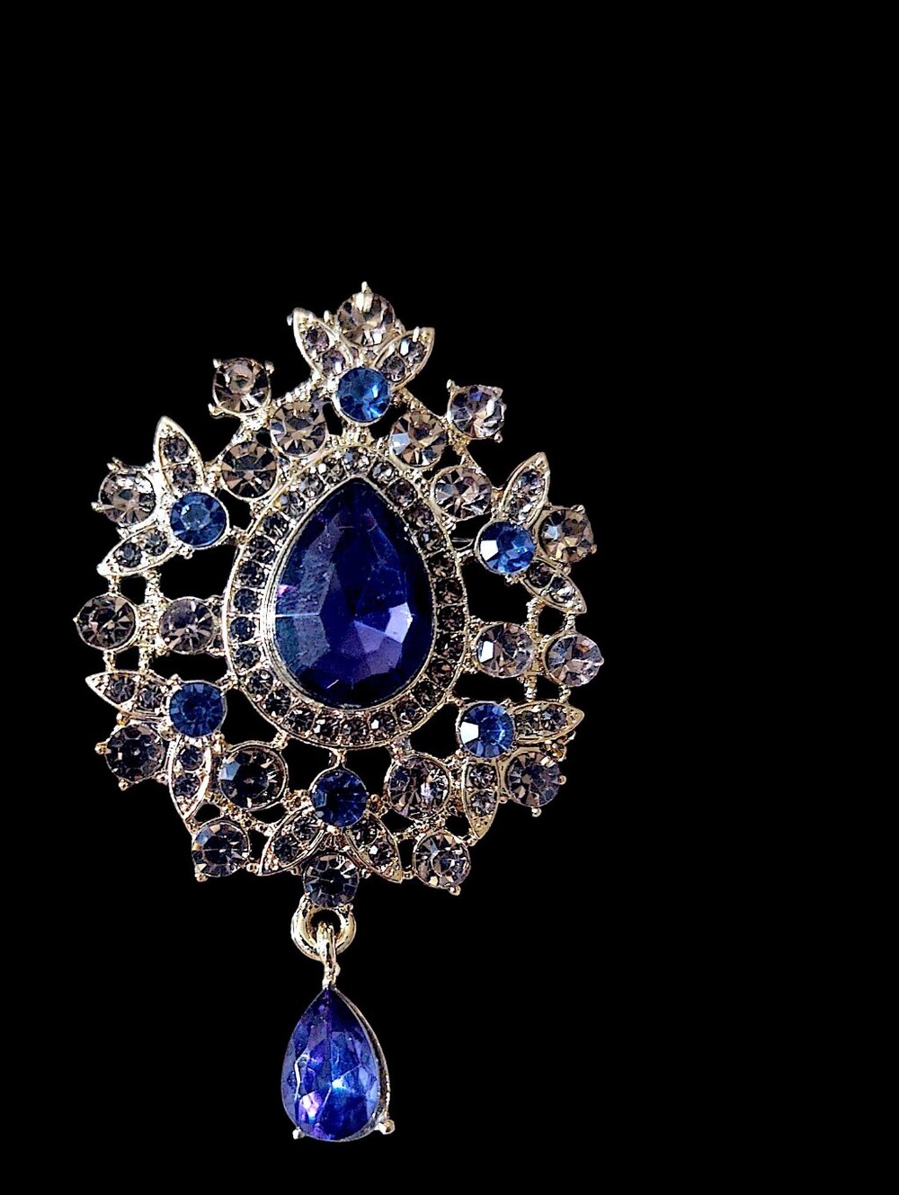 Blue Teardrop Crystal Drop Brooch